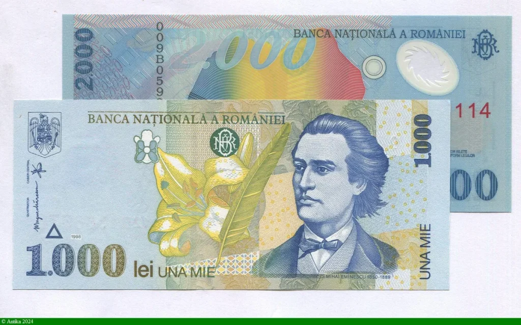 Lot de 2 Billets 1000 & 2000 Lei M.Eminescu & Figures géométriques Polymère