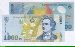 Lot de 2 Billets 1000 & 2000 Lei M.Eminescu & Figures géométriques Polymère