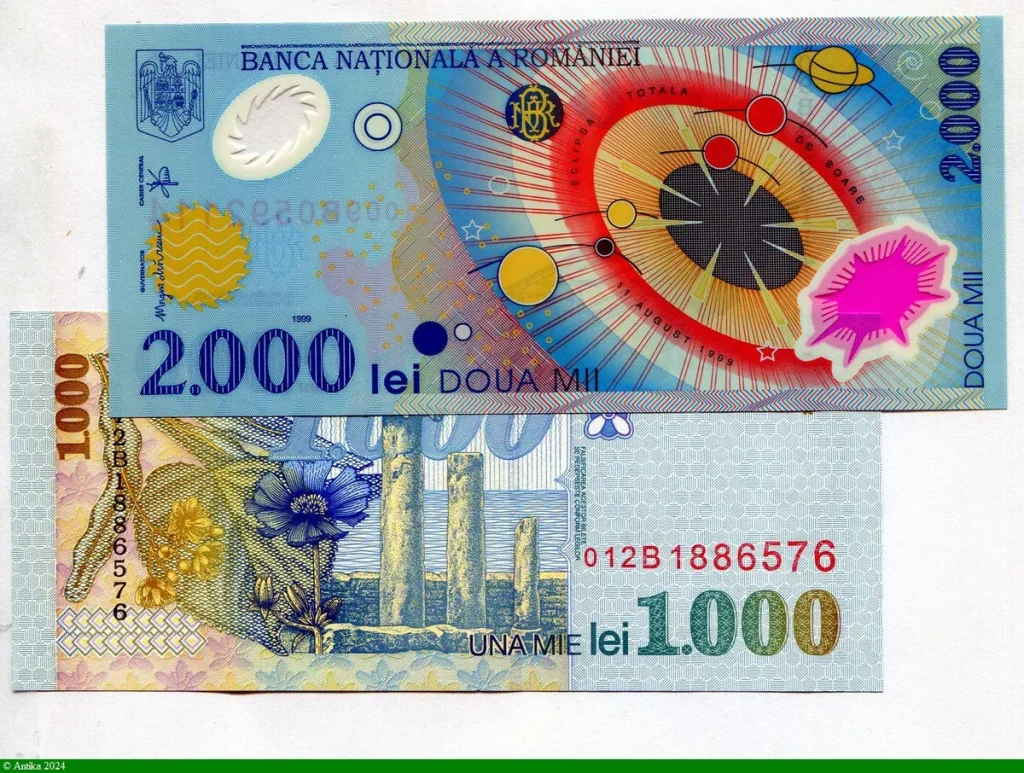 Lot de 2 Billets 1000 & 2000 Lei M.Eminescu & Figures géométriques Polymère