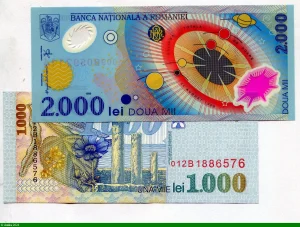 Lot de 2 Billets 1000 & 2000 Lei M.Eminescu & Figures géométriques Polymère