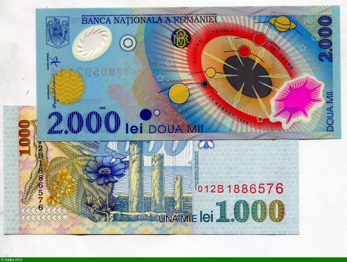 Lot de 2 Billets 1000 & 2000 Lei M.Eminescu & Figures géométriques Polymère