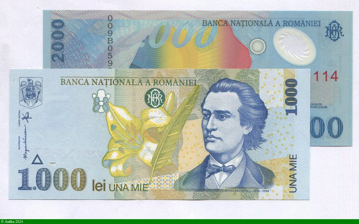 Lot de 2 Billets 1000 & 2000 Lei M.Eminescu & Figures géométriques Polymère