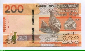 200 Dalasis Oiseau Bush Fowl, armoiries de la Gambie * * Magnifique Billet