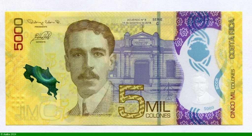 5000 Colones Polymère Alfredo Gonzalez Flores & Singe
