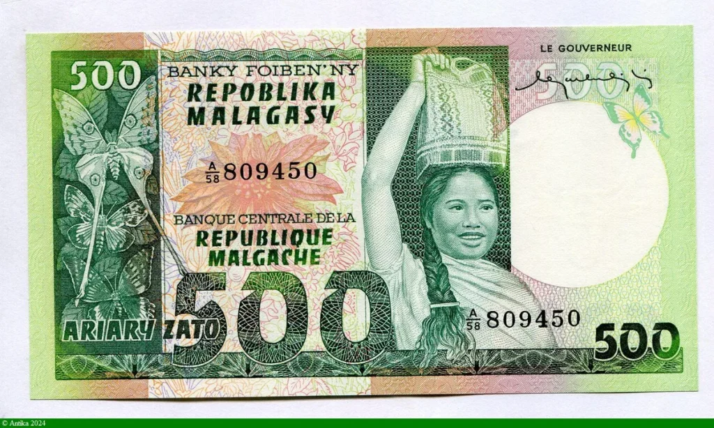 500 Francs/ 100 Ariary Femme avec Panier s/la tête & Papillon RARE