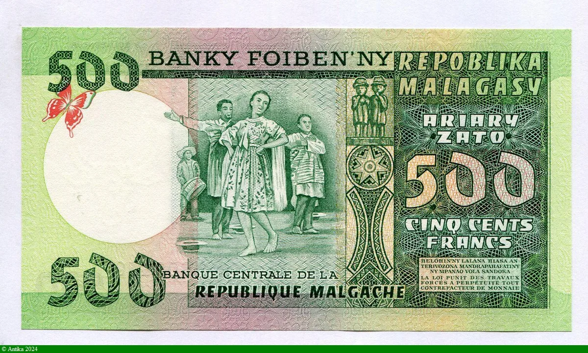 500 Francs/ 100 Ariary Femme avec Panier s/la tête & Papillon RARE