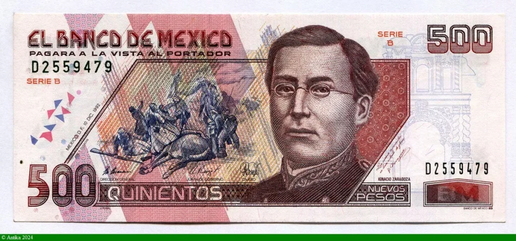 500 Pesos Ignacio Zaragoza & Cathédrale de Puebla RARETE Série B