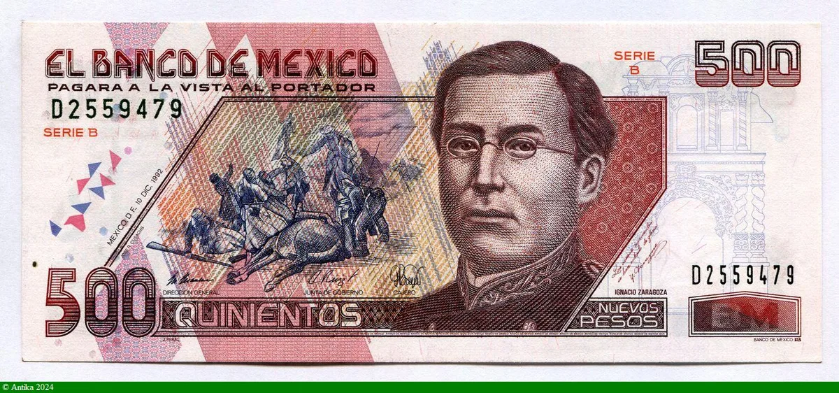 500 Pesos Ignacio Zaragoza & Cathédrale de Puebla RARETE Série B