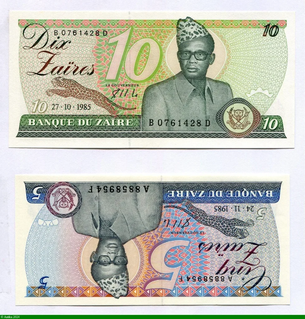 Lot de 2 Billets 5 & 10 Zaïres Mobutu & Léopard
