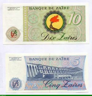Lot de 2 Billets 5 & 10 Zaïres Mobutu & Léopard