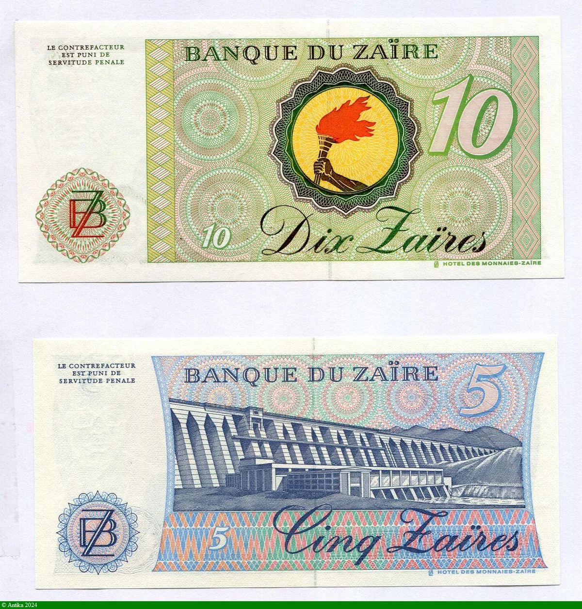 Lot de 2 Billets 5 & 10 Zaïres Mobutu & Léopard