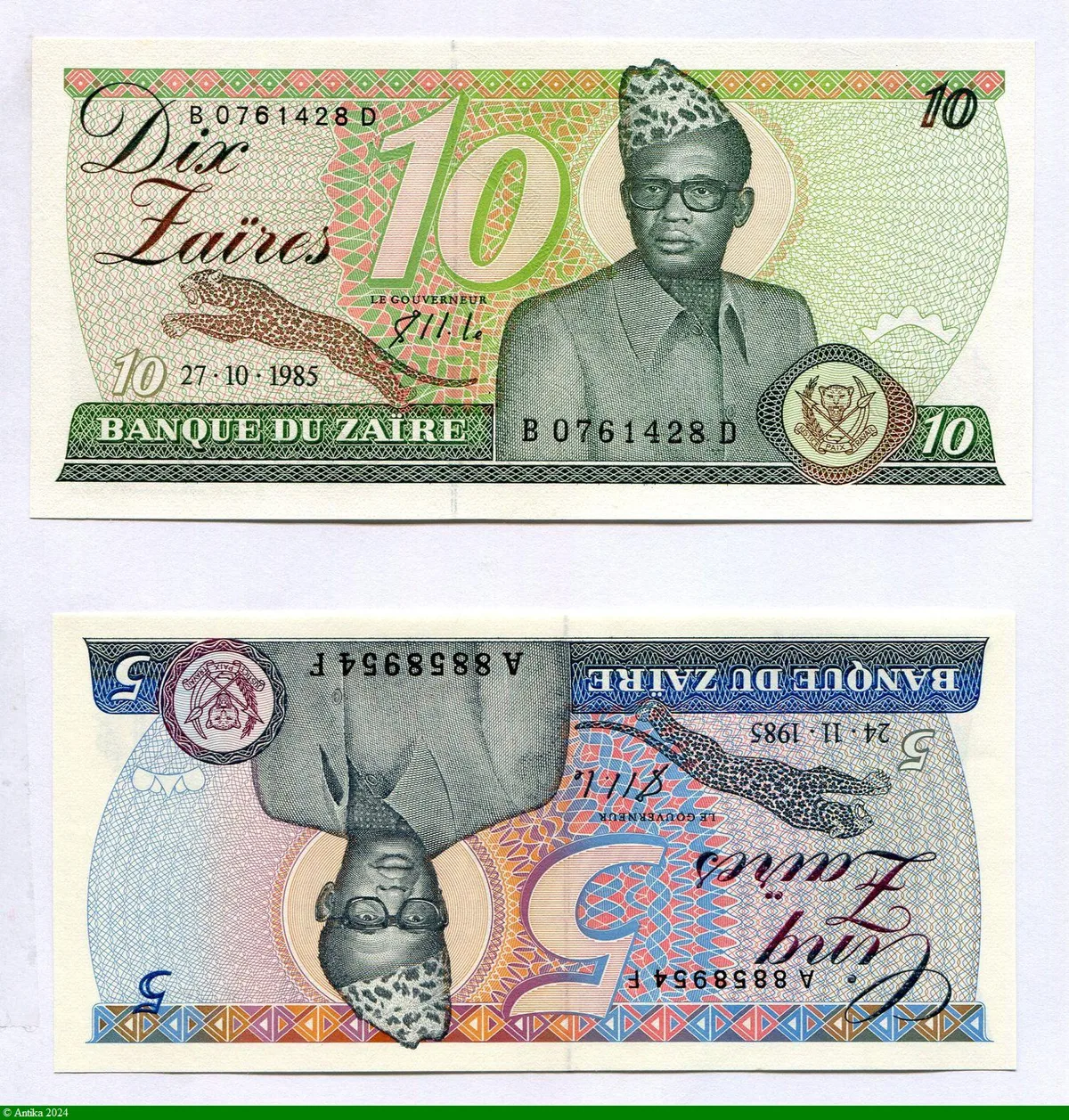 Lot de 2 Billets 5 & 10 Zaïres Mobutu & Léopard