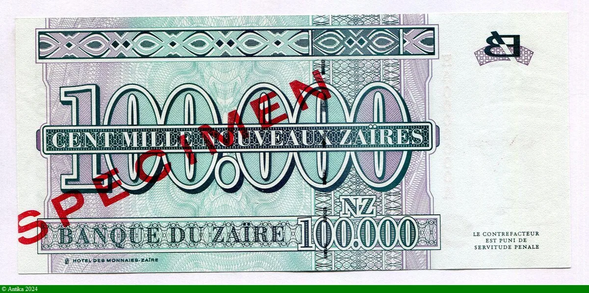 100 000 Nouveaux Zaires Mobutu & Léopard SPECIMEN