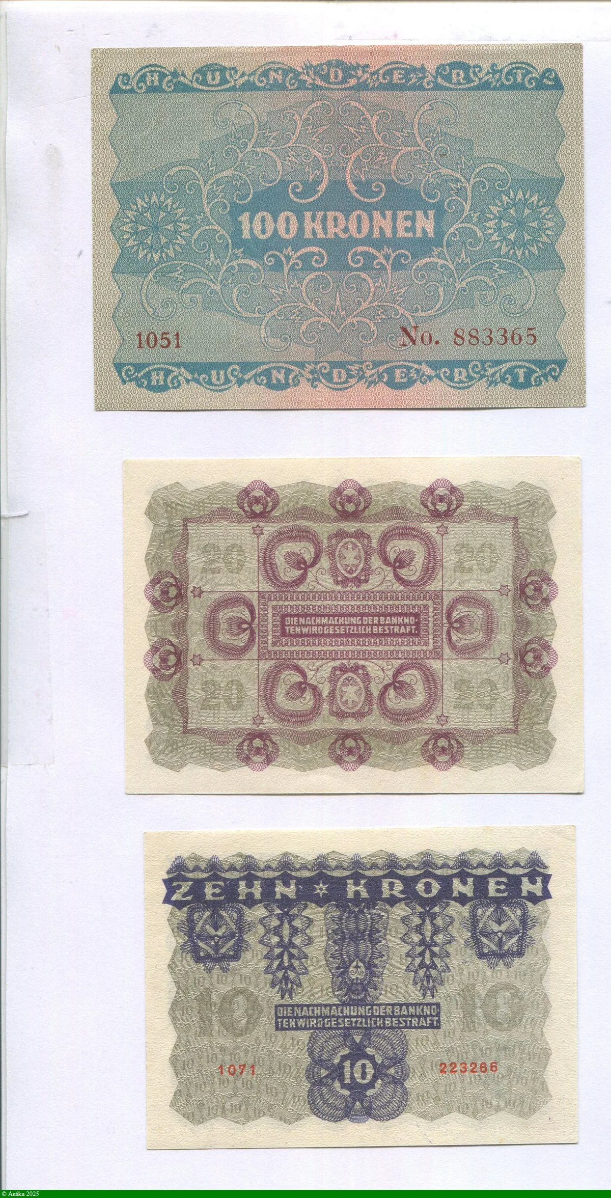 Lot de 3 Billets 10-20 & 100 Kronen PROMOTION