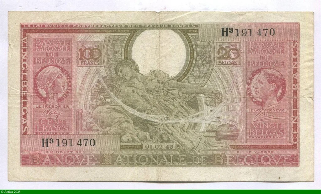 100 Francs/20 Belgas Rouge Roi Albert & Reine Elizabeth