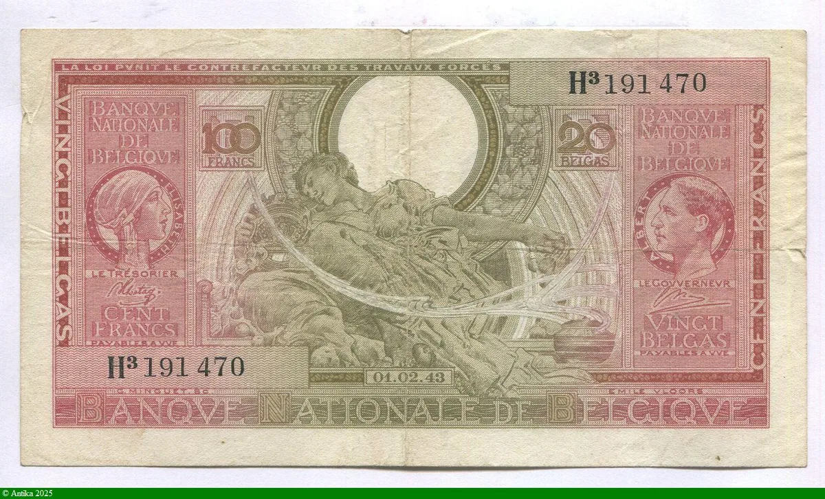 100 Francs/20 Belgas Rouge Roi Albert & Reine Elizabeth