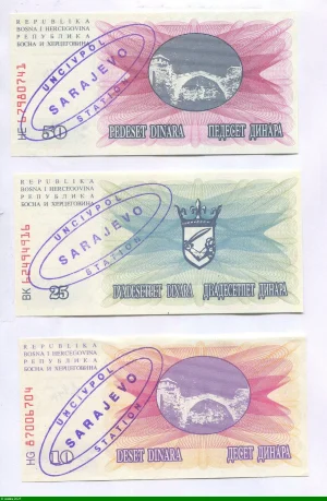 Lot de 3 Billets 10-25-50 Dinara Pont de Mostar