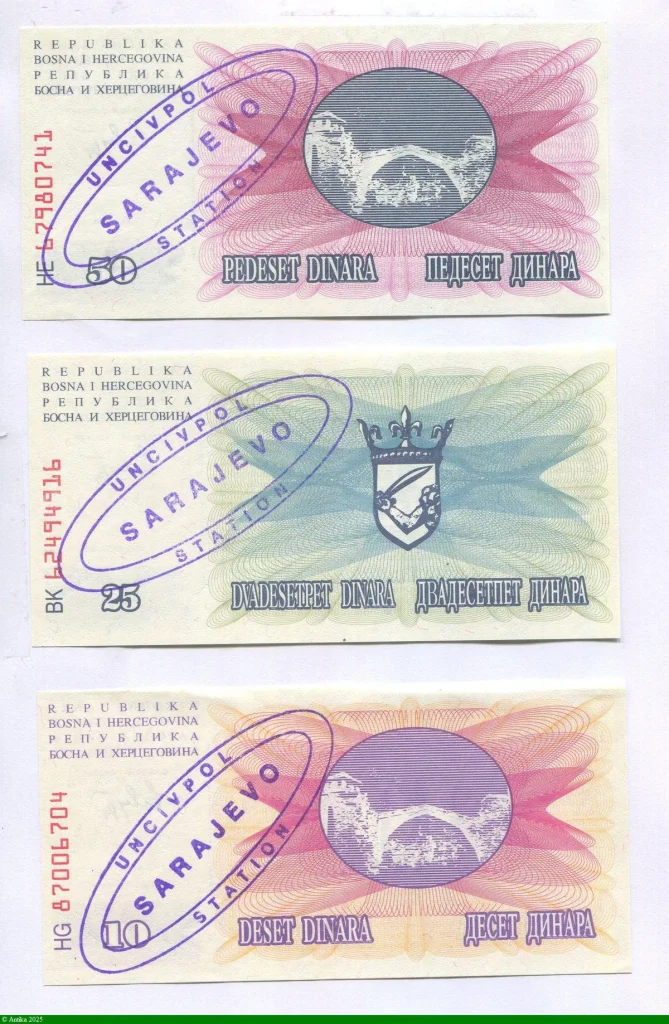 Lot de 3 Billets 10-25-50 Dinara Pont de Mostar
