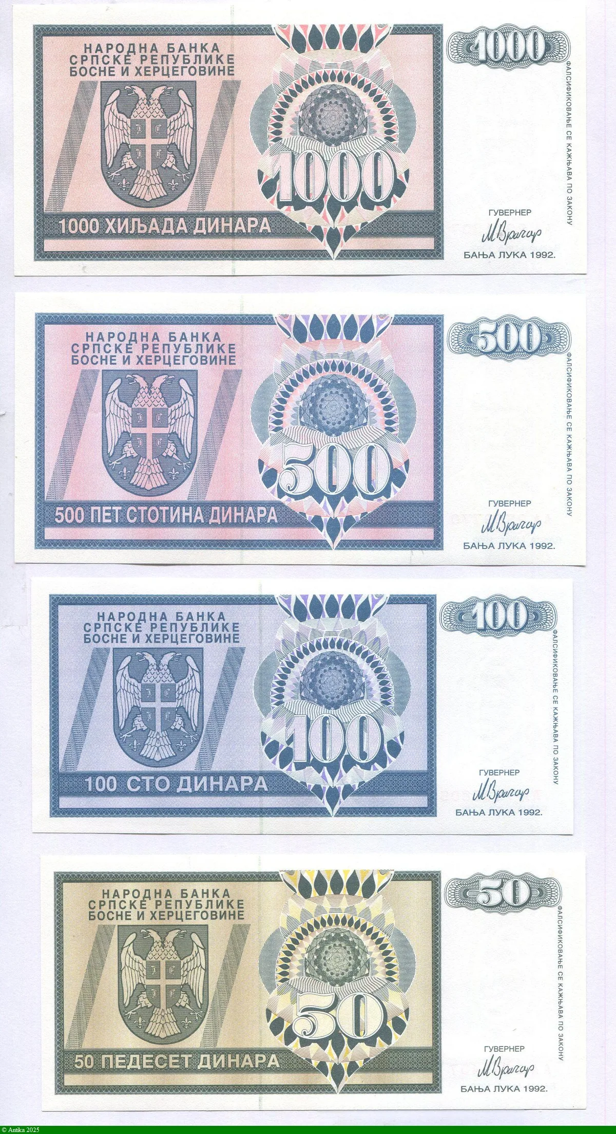 Lot de 4 Billets 50-100-500 & 1000 Dinara