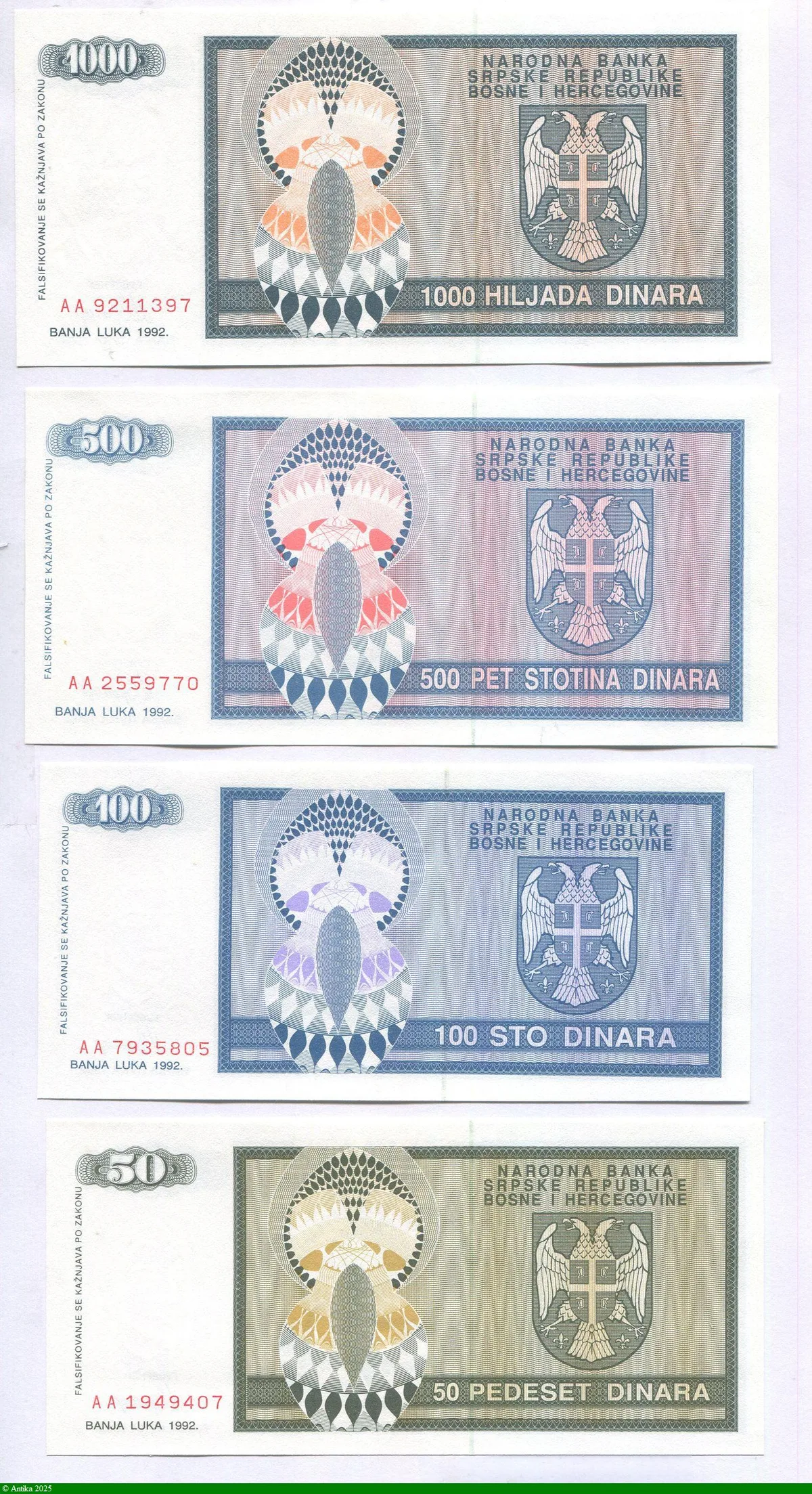 Lot de 4 Billets 50-100-500 & 1000 Dinara