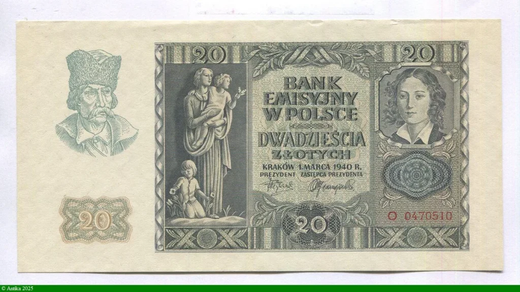 20 Zlotych Agriculteur, statue de femme avec enfants, Emilie Plater.