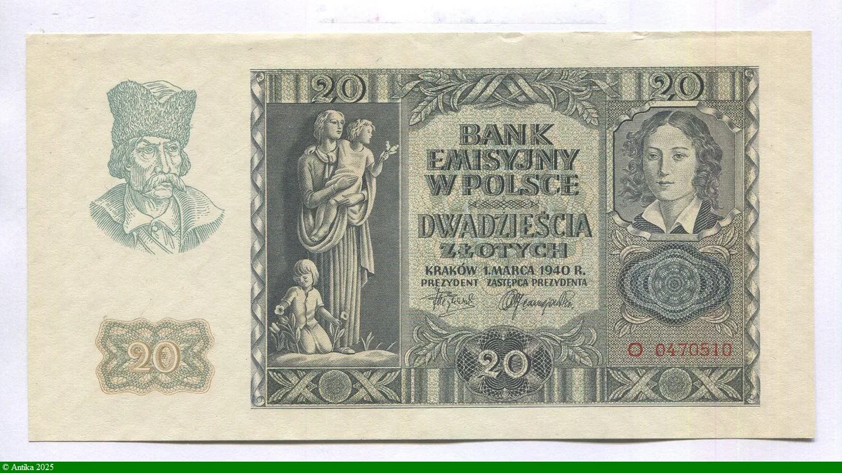 20 Zlotych Agriculteur, statue de femme avec enfants, Emilie Plater.