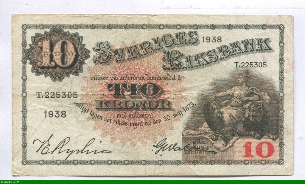 10 Kronor La Mère Svea assise avec un lion & le roi Gustav Ier