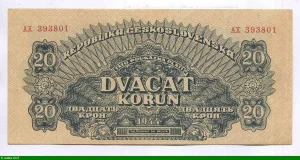 20 Korun Bleu-noir sur fond beige
