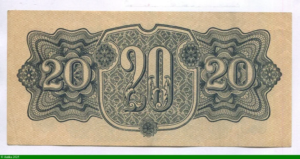 20 Korun Bleu-noir sur fond beige