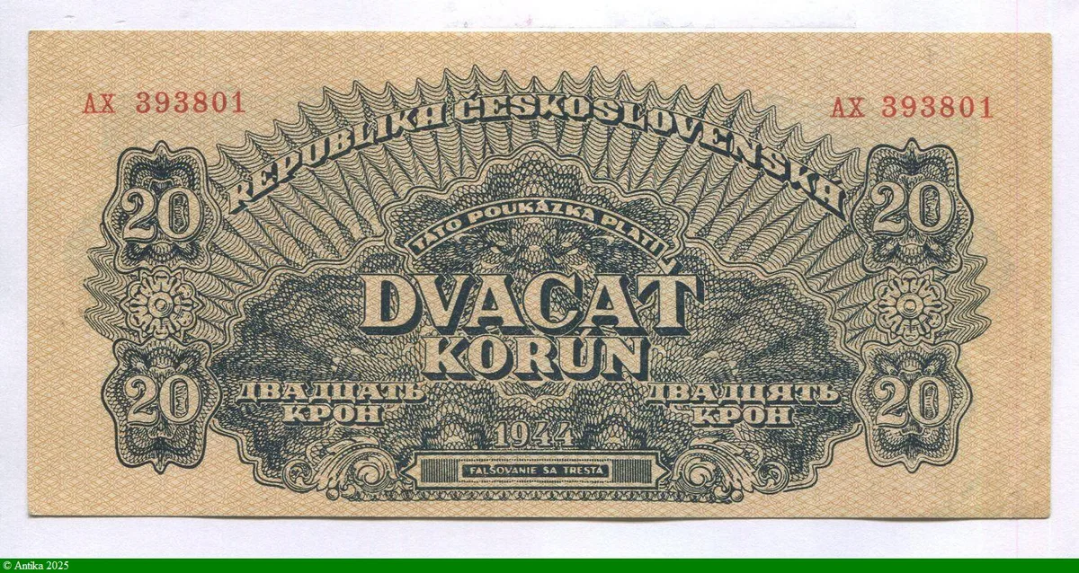 20 Korun Bleu-noir sur fond beige