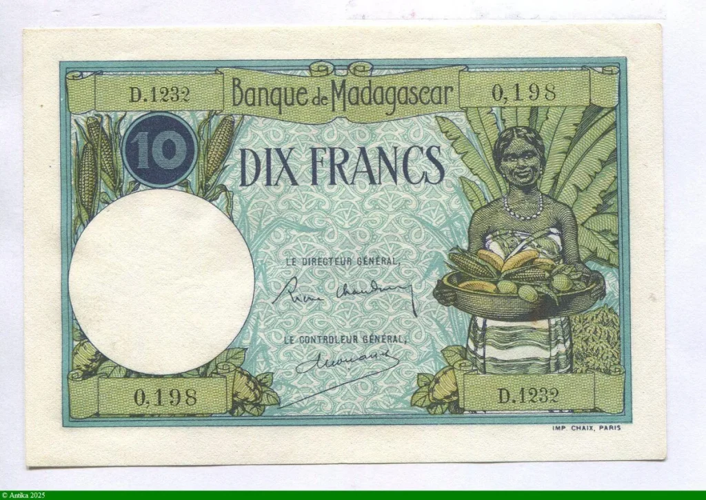 Billet de 10 francs Femme et fruits, Banque de Madagascar