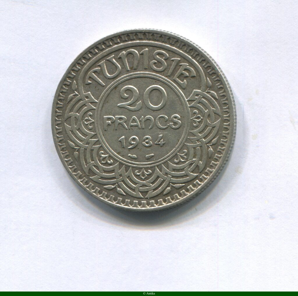 20 FRANCS Argt PROTECTORAT Bey-Ahmed II 9500 ex RARE