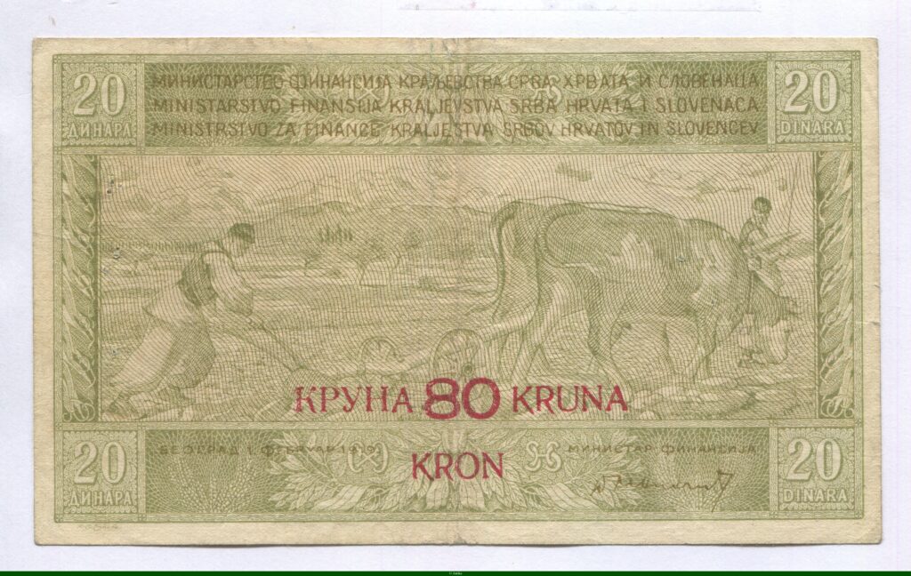 80 Kruna en surcharge sur 20 Dinara Agriculteur & Bœuf