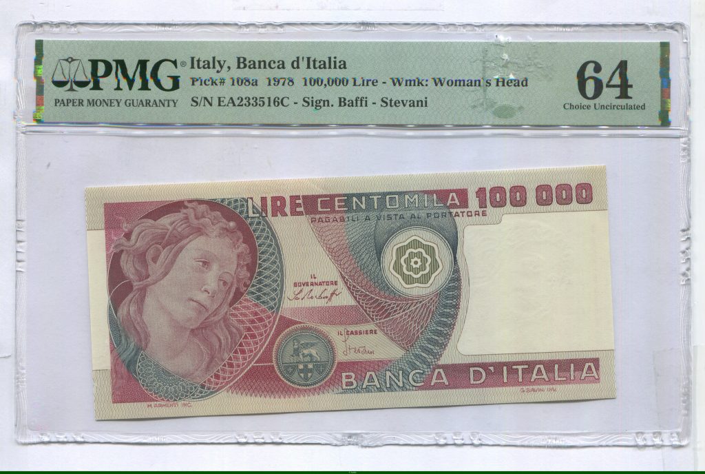 100 000 Lire Tçete de Femme PMG 64 (Choice Uncirculated)