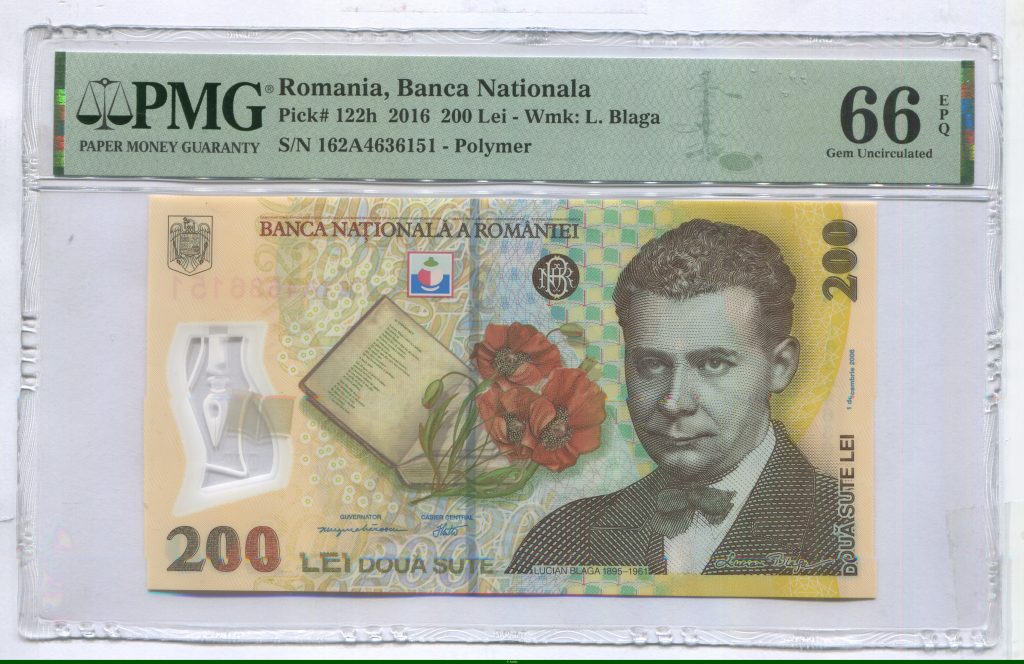 200 Lei Lucian Blaga Polymère PMG 66 (GEM Uncirculated) EPQ